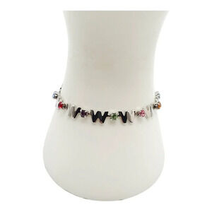 W or M Initial Multicolor Rhinestones Tennis Bangle Bracelet Silver Tone Vintage